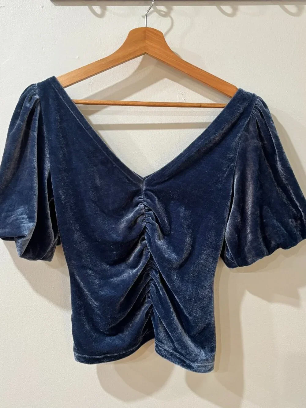 Free People slate blue velvet ruched front V-neck puff sleeve blouse